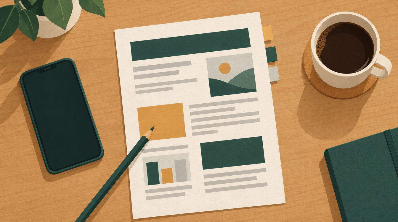 Illustration of a single printed page on a desk, laid out as simple blocks with sticky tabs and a pencil marking one section